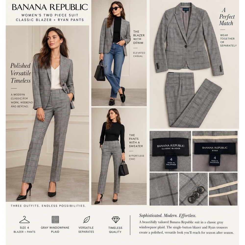 Banana Republic Women 4 Gray Windowpane Plaid Suit Blazer Ryan Pants 2 Piece